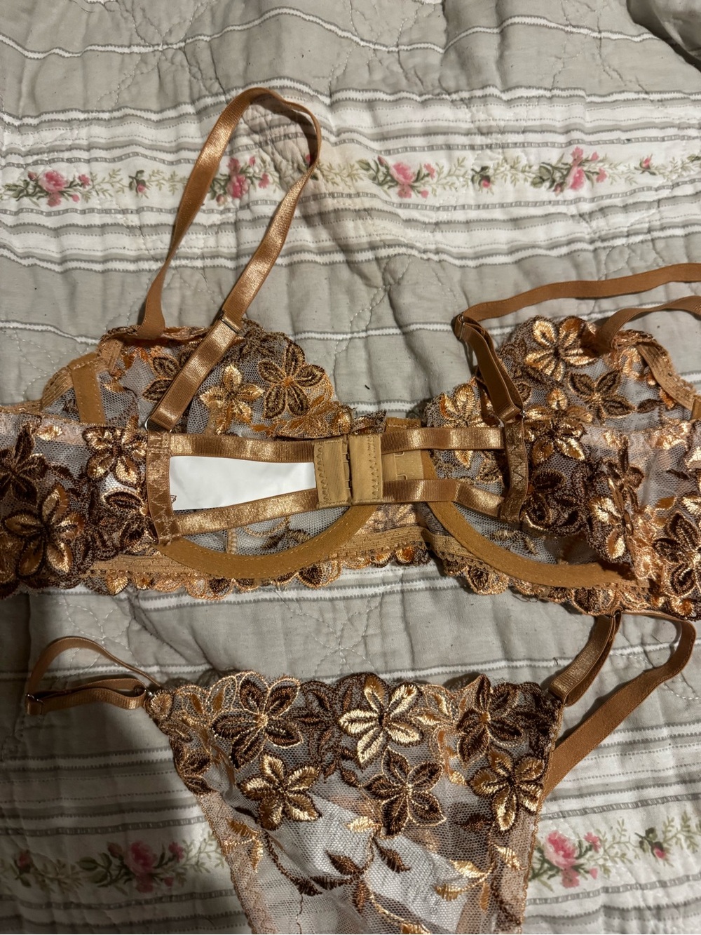 Gold Floral Embroidered Sheer Lace Bra & Thong Set - Women Intimates - Picture 4 of 7